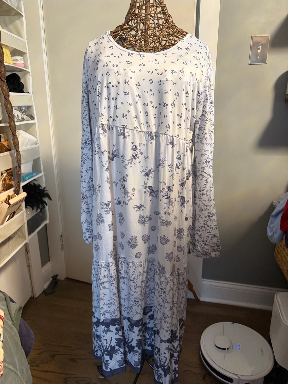 White Midi Dress with Blue Floral Print/animal print
